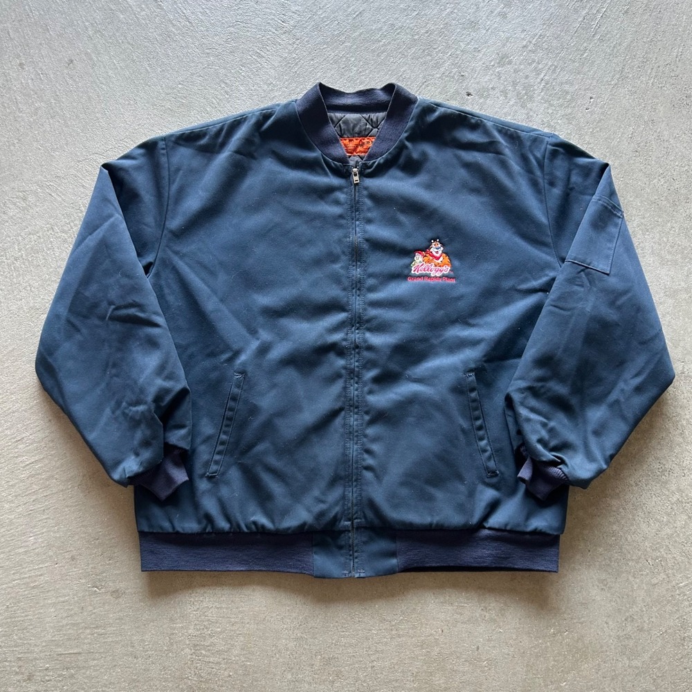 Vintage Red Kap Kelloggs Bomber Jacket Mens XXL Navy Blue Quilted Workwear GR MI